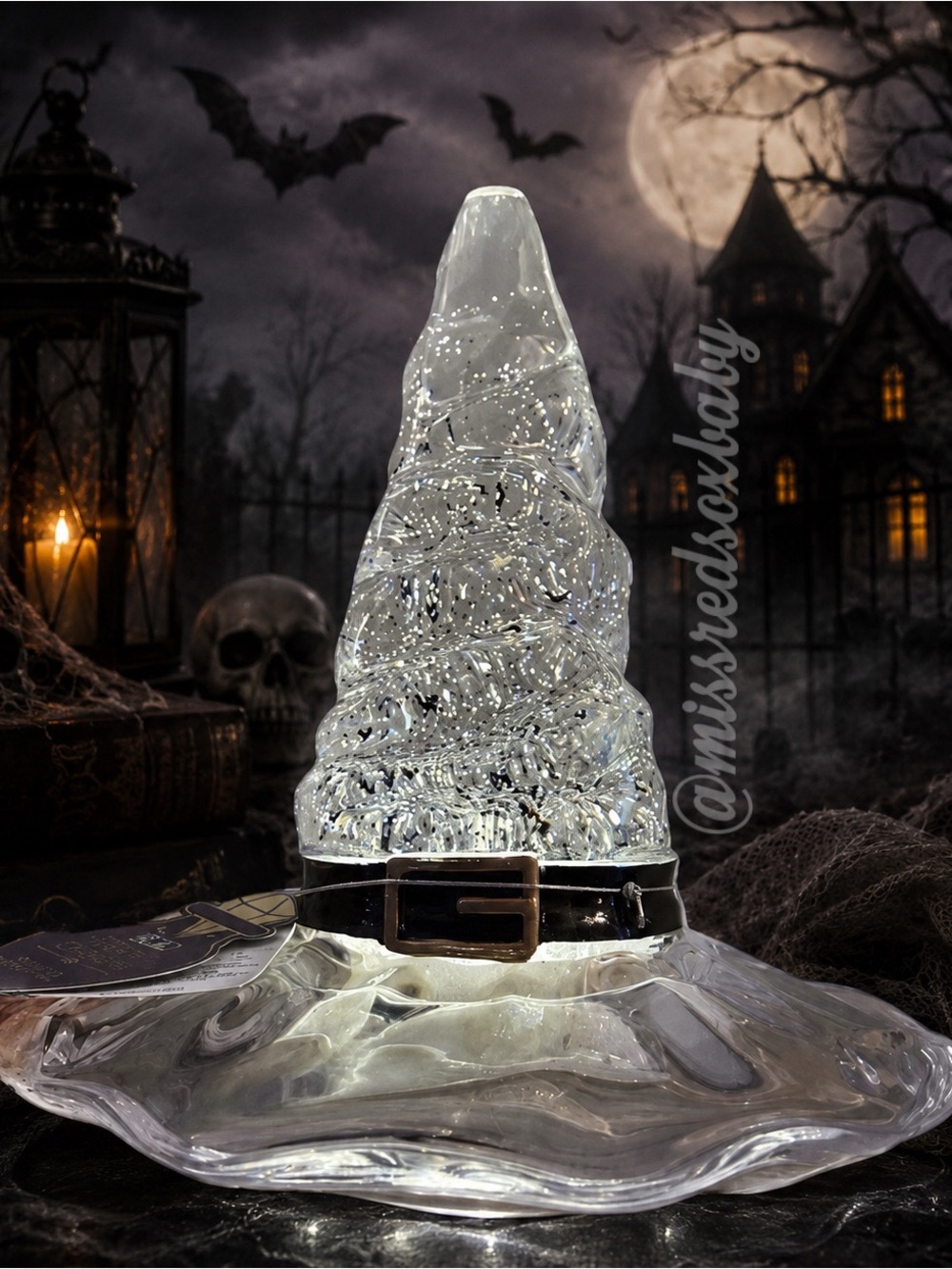 Eerie Charm 12” LED Waterglobe Witch Hat w/ Swirling Bats & Black Glitter